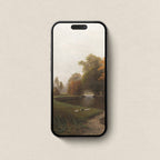 Close-up Riverside Forest Cabin wallpaper shown on iPhone lock screen with moody autumn forest aesthetic.