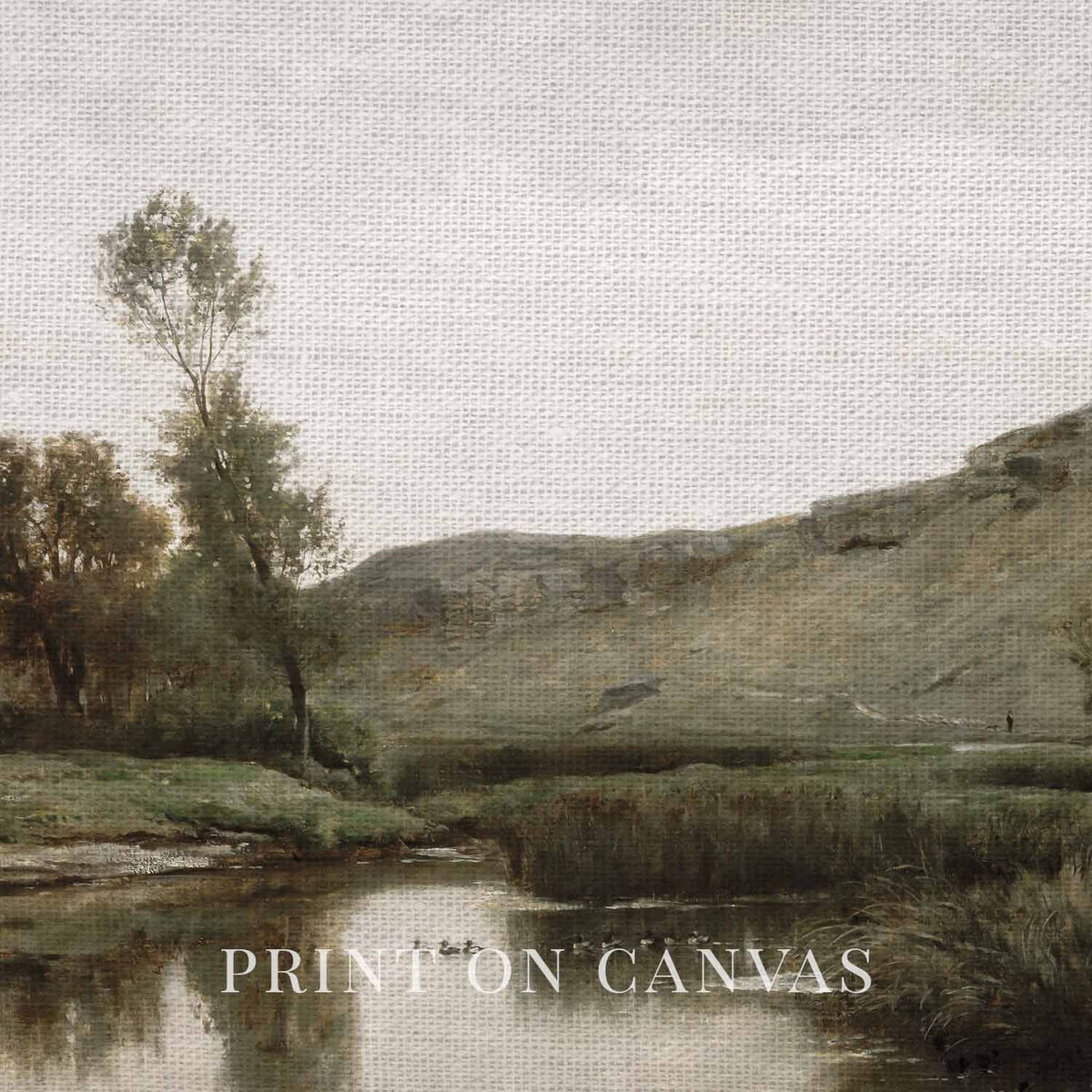 Close-up of muted riverside landscape artwork printed on textured canvas