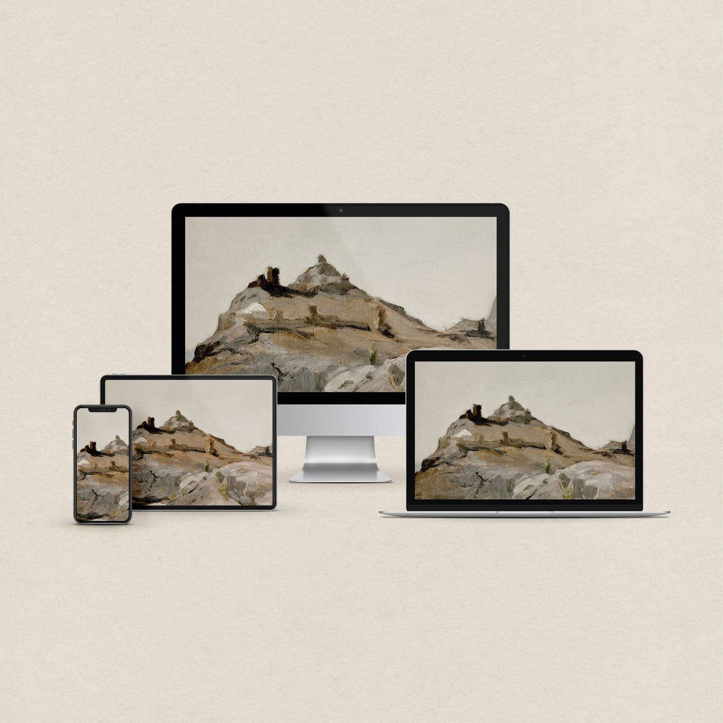 Rocky Mountain desktop wallpaper featuring a vintage mountain landscape painting with matching phone, iPad and MacBook wallpapers