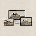 Rocky Mountain desktop wallpaper featuring a vintage mountain landscape painting with matching phone, iPad and MacBook wallpapers