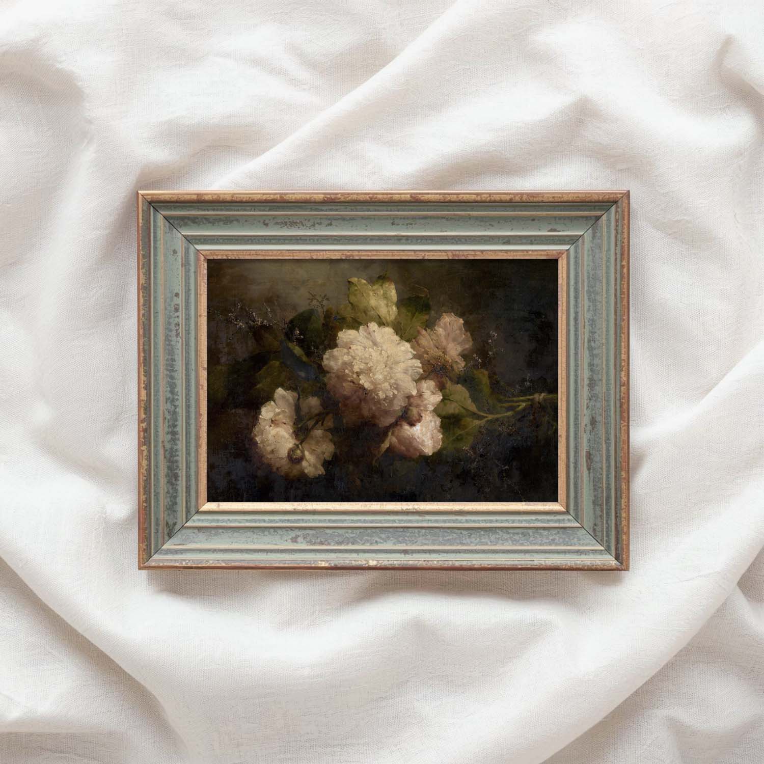 Antique Dark Floral Rose Oil Painting Wall Art Printable – Vintage Botanical Print (Dark Academia)