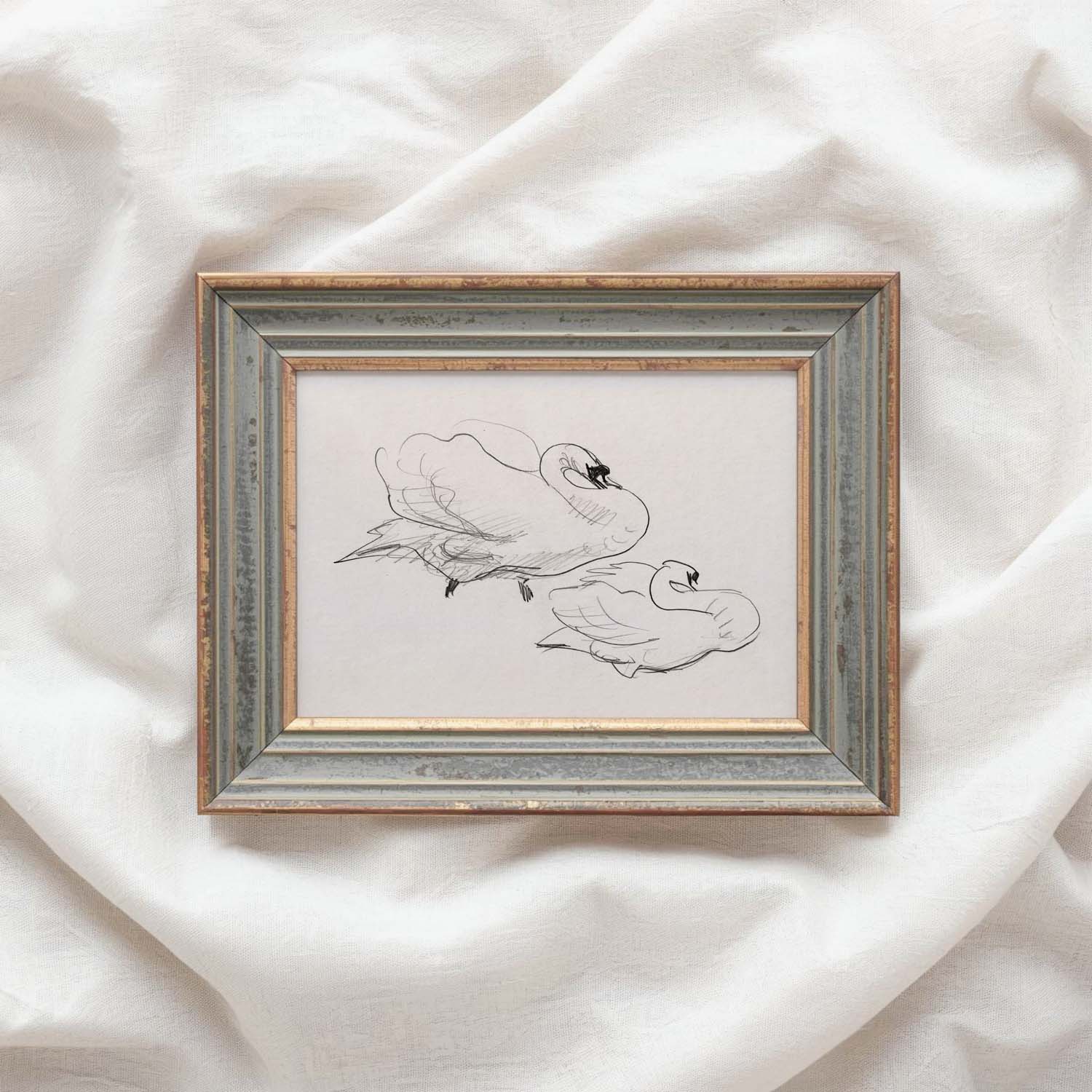 Vintage Swan Wall Art Printable | Neutral Romantic Pencil Sketch Bird Drawing