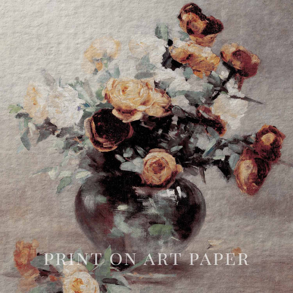 French Cottage Grey Rose Still Life Wall Art Printable (Digital Download) — Parisian Farmhouse Vertical Oil Painting