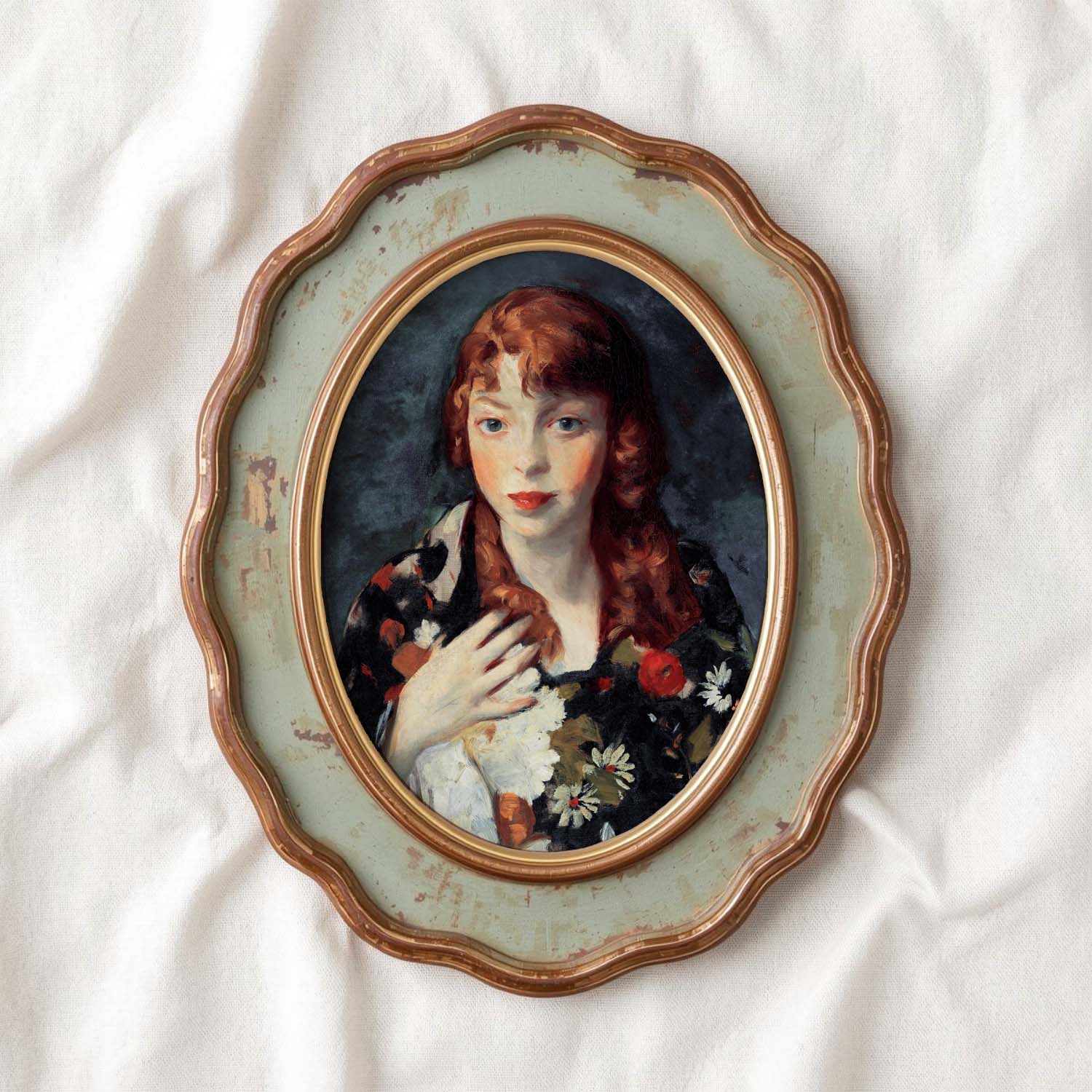 Navy Blue Parisian Portrait Wall Art Print – Romantic Red Hair Woman Oil Painting (Digital Download)