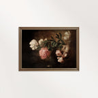 Romantic vintage rose painting autumn printable art with warm moody florals and classic still life details.