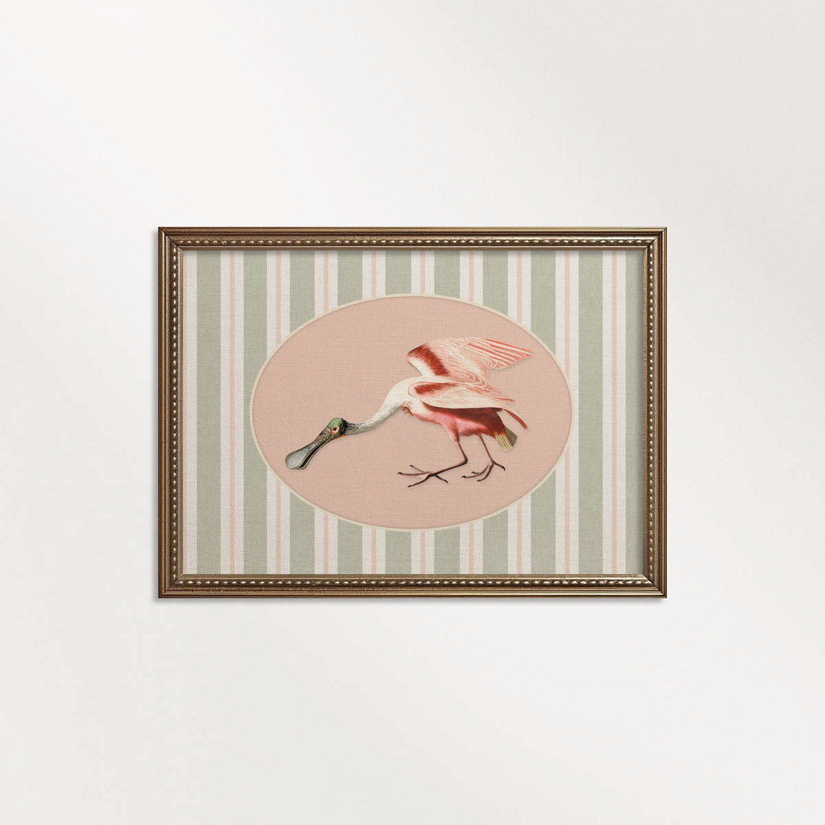 Spoonbill Nursery Wall Art Printable (Digital Download) — Sage Green Blush Striped Storybook Bird Decor