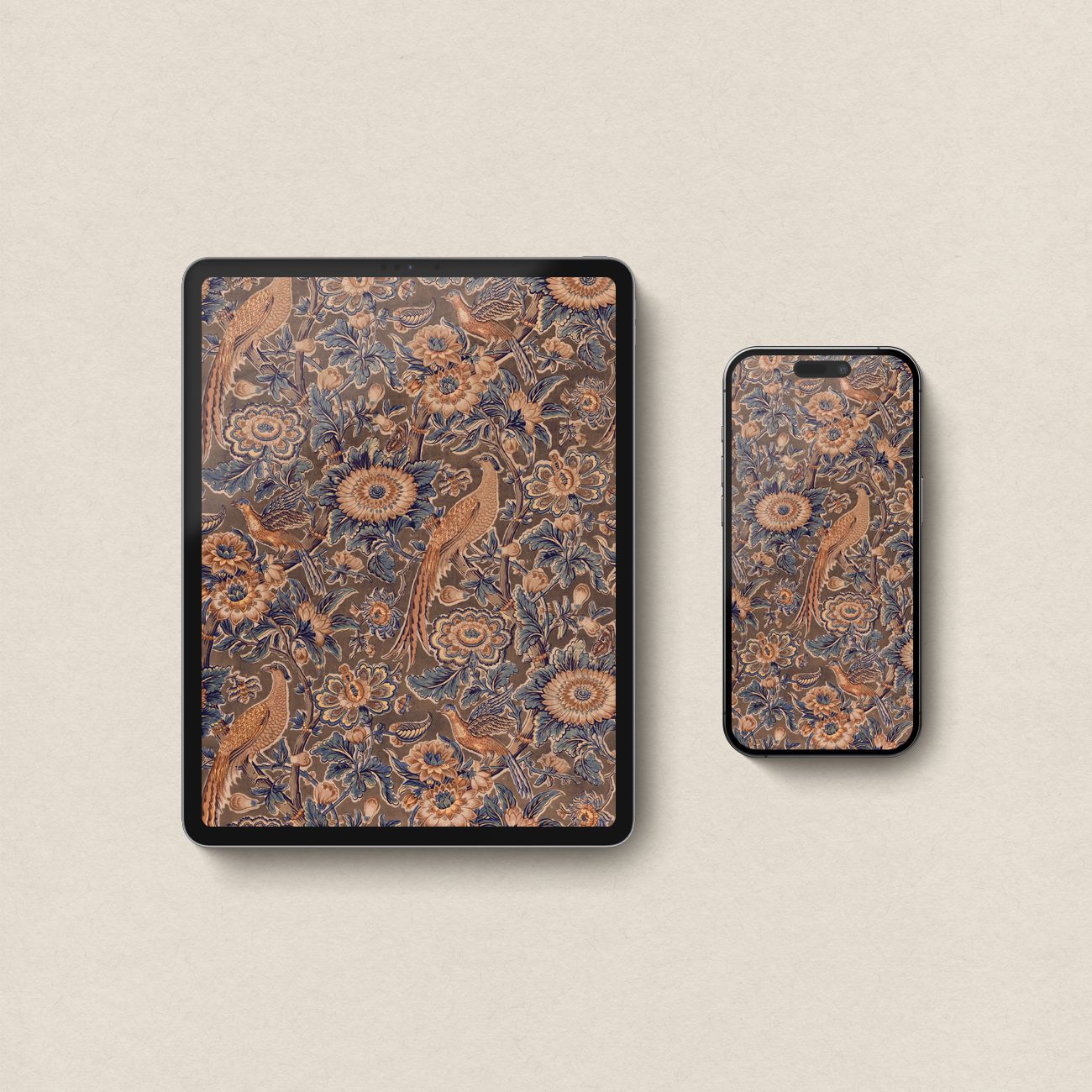 Rust and Navy Botanical Bird iPhone & iPad Wallpaper Set (Digital Download)
