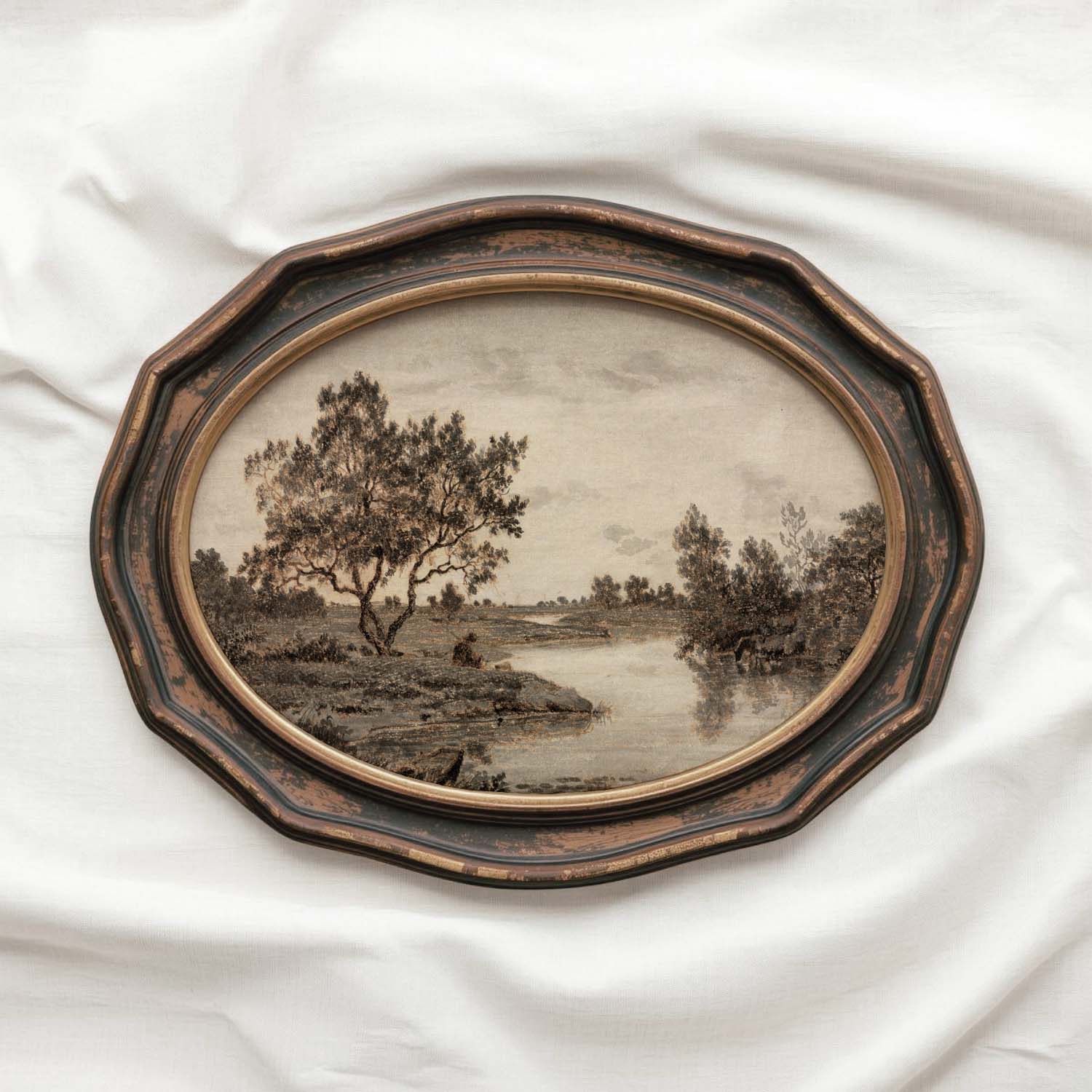 Sepia Country Landscape Tree Sketch Wall Art Printable – Vintage Rustic Nature Drawing Print