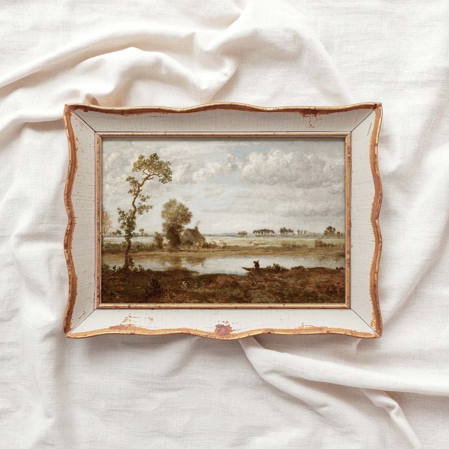 Rustic country and modern rustic wall decor featuring a sepia landscape lake scene.