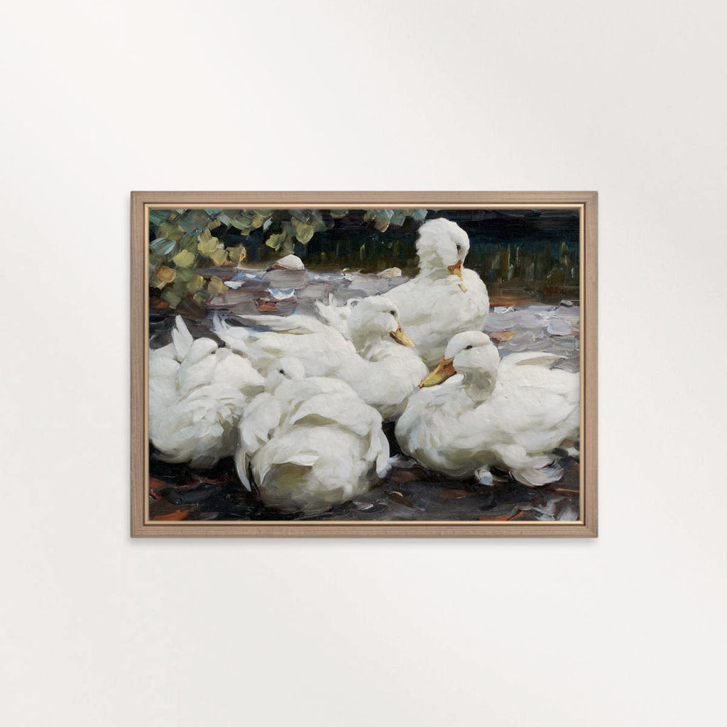 Five White Ducks Bird Print Digital Download (Antique Farmhouse Oil Painting Wall Art)