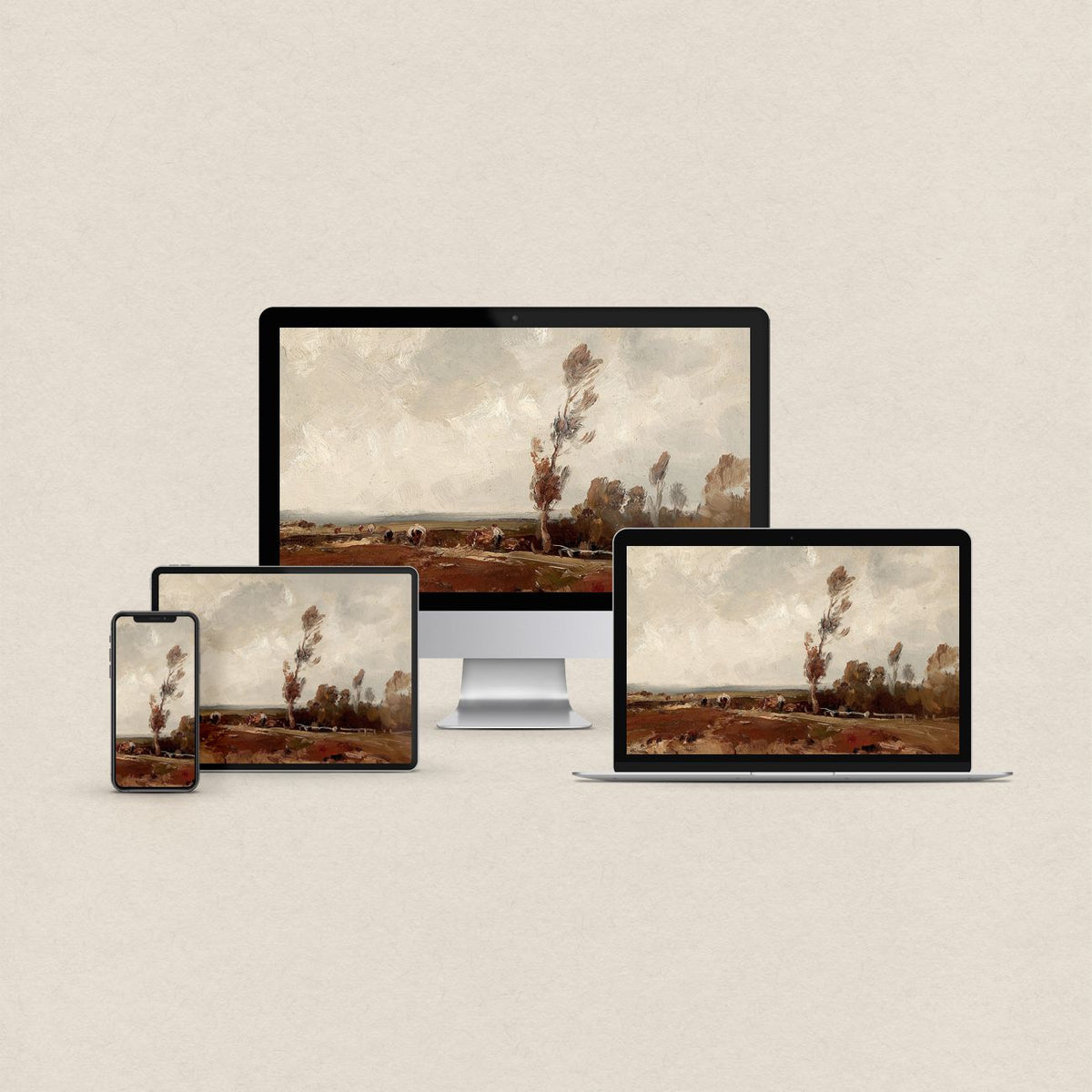 Rustic fall desktop wallpaper featuring an autumn aesthetic countryside landscape in warm muted tones