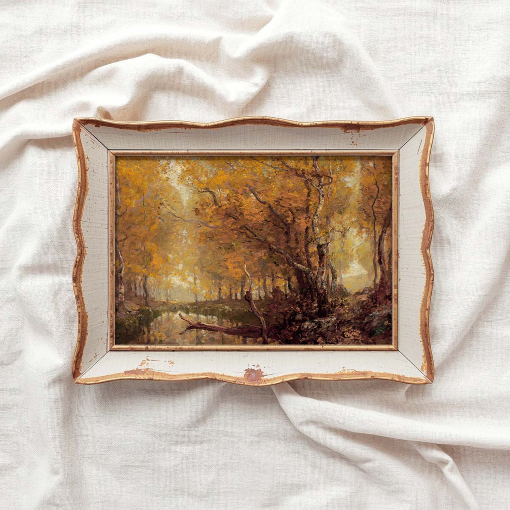 Rustic fall forest pond cottagecore printable art with peaceful woodland and autumn atmosphere.