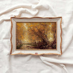 Rustic fall forest pond cottagecore printable art with peaceful woodland and autumn atmosphere.