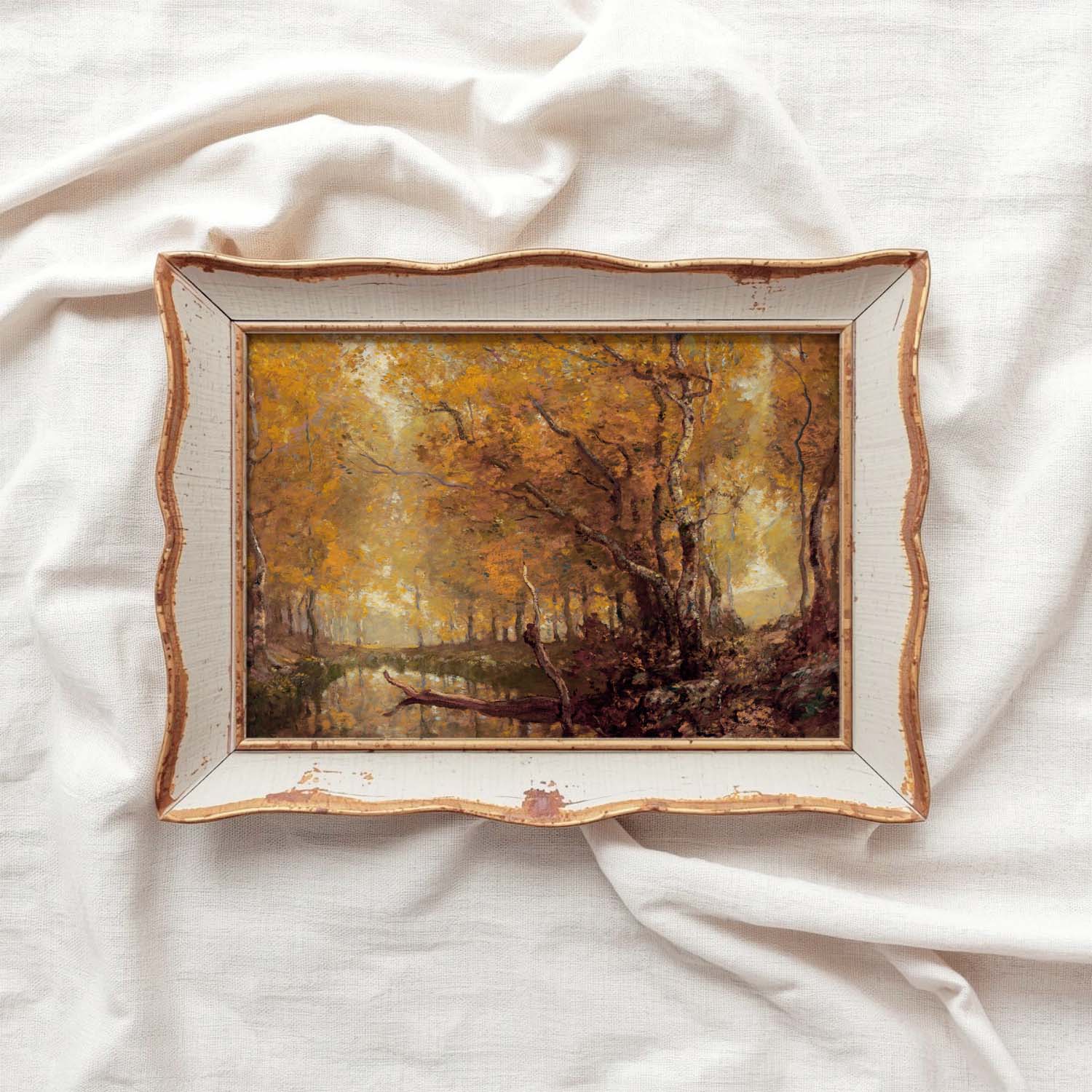 Rustic fall forest pond cottagecore printable art with peaceful woodland and autumn atmosphere.