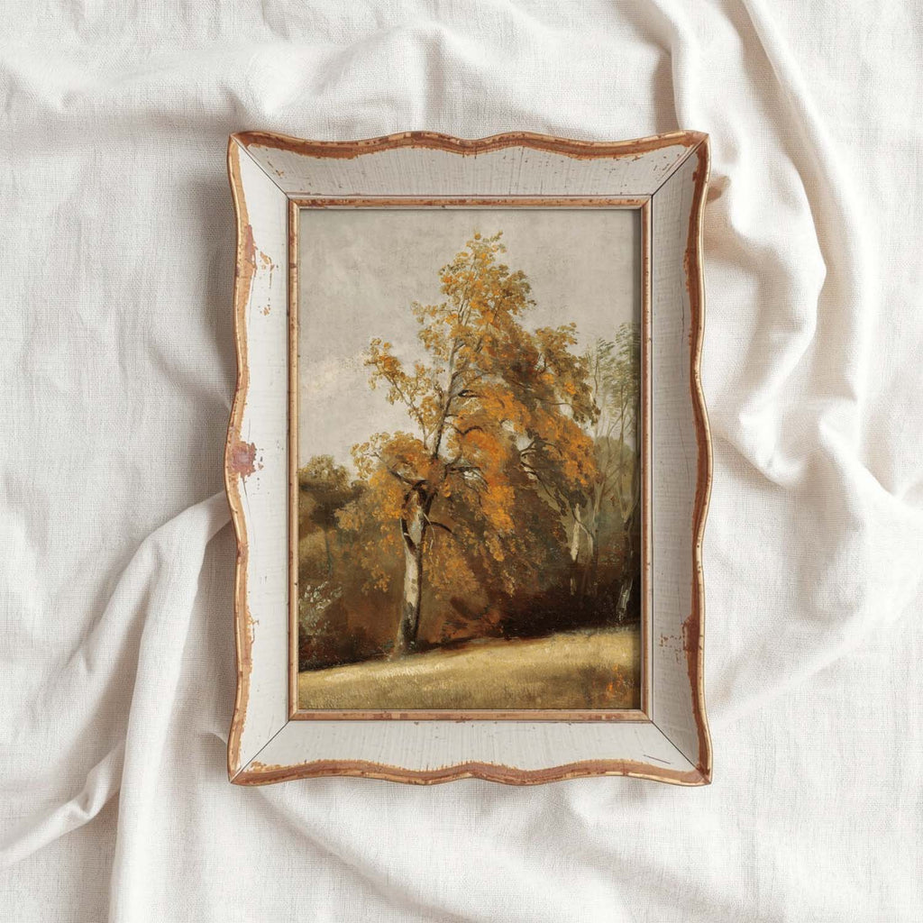 Rustic farmhouse bathroom print featuring young oak tree rustic oil painting style.
