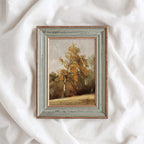 Rustic farmhouse cozy corner wall art with young oak tree vintage oil painting printable.