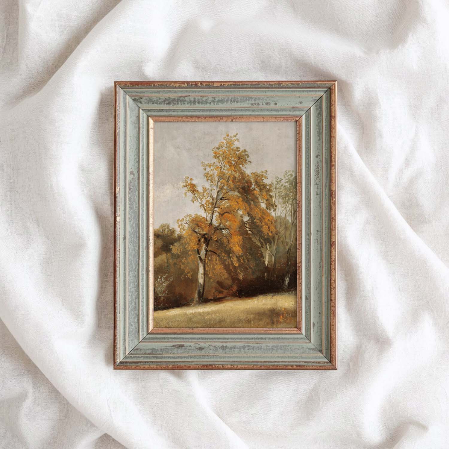 Rustic farmhouse cozy corner wall art with young oak tree vintage oil painting printable.