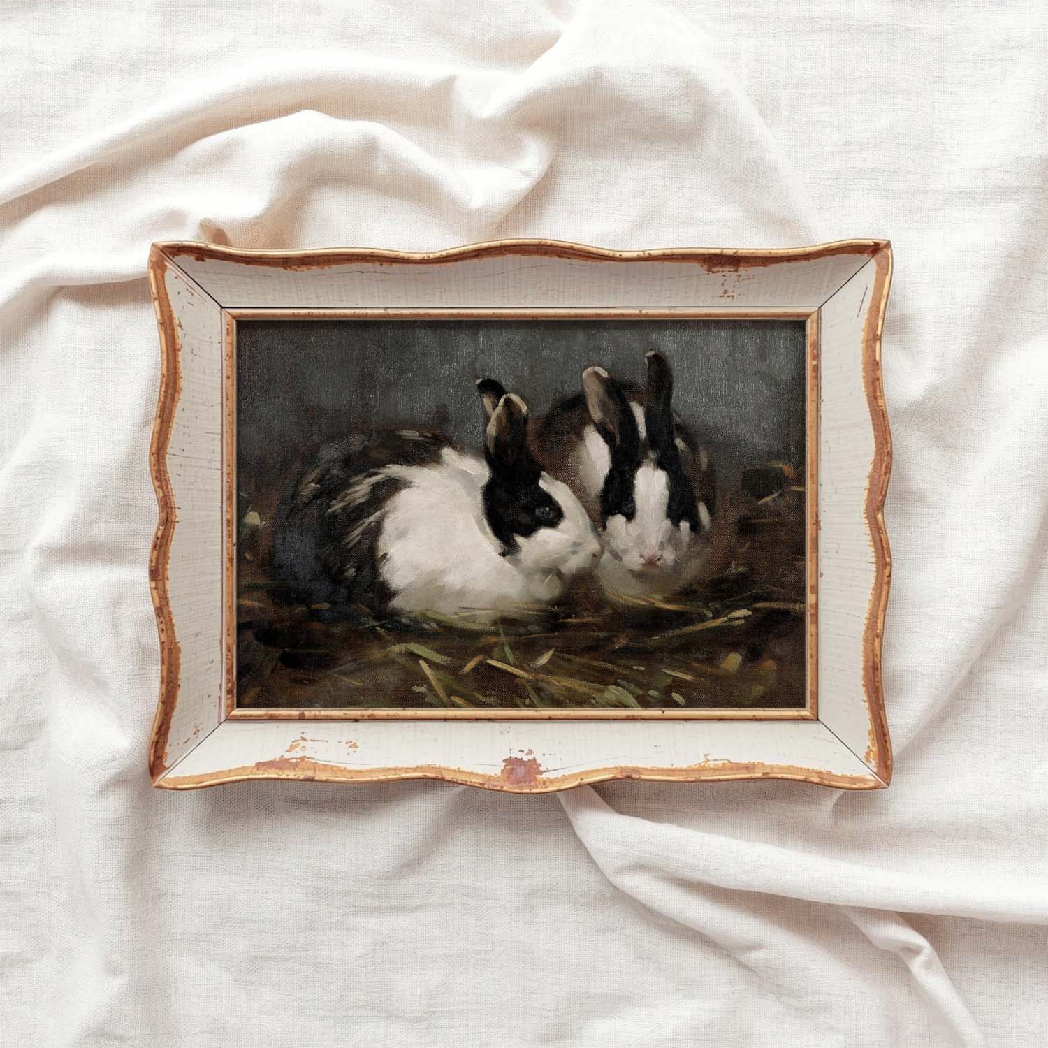 Victorian Rabbit Oil Painting Wall Art Printable (Moody Farmhouse Animal Portrait, Vintage Blue Tonal Decor)