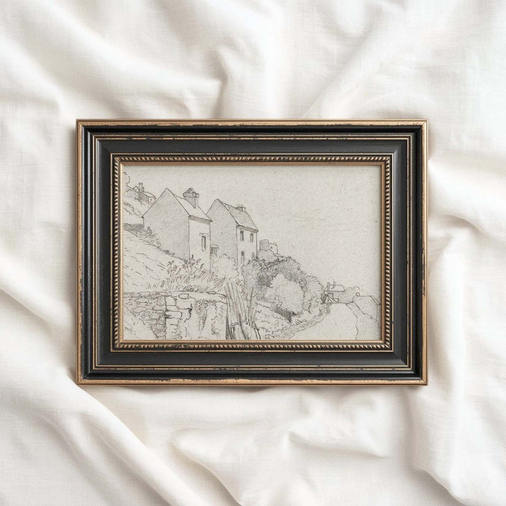 Vintage Rustic Cottage Pencil Sketch Wall Art Printable – Neutral Farmhouse Illustration Print