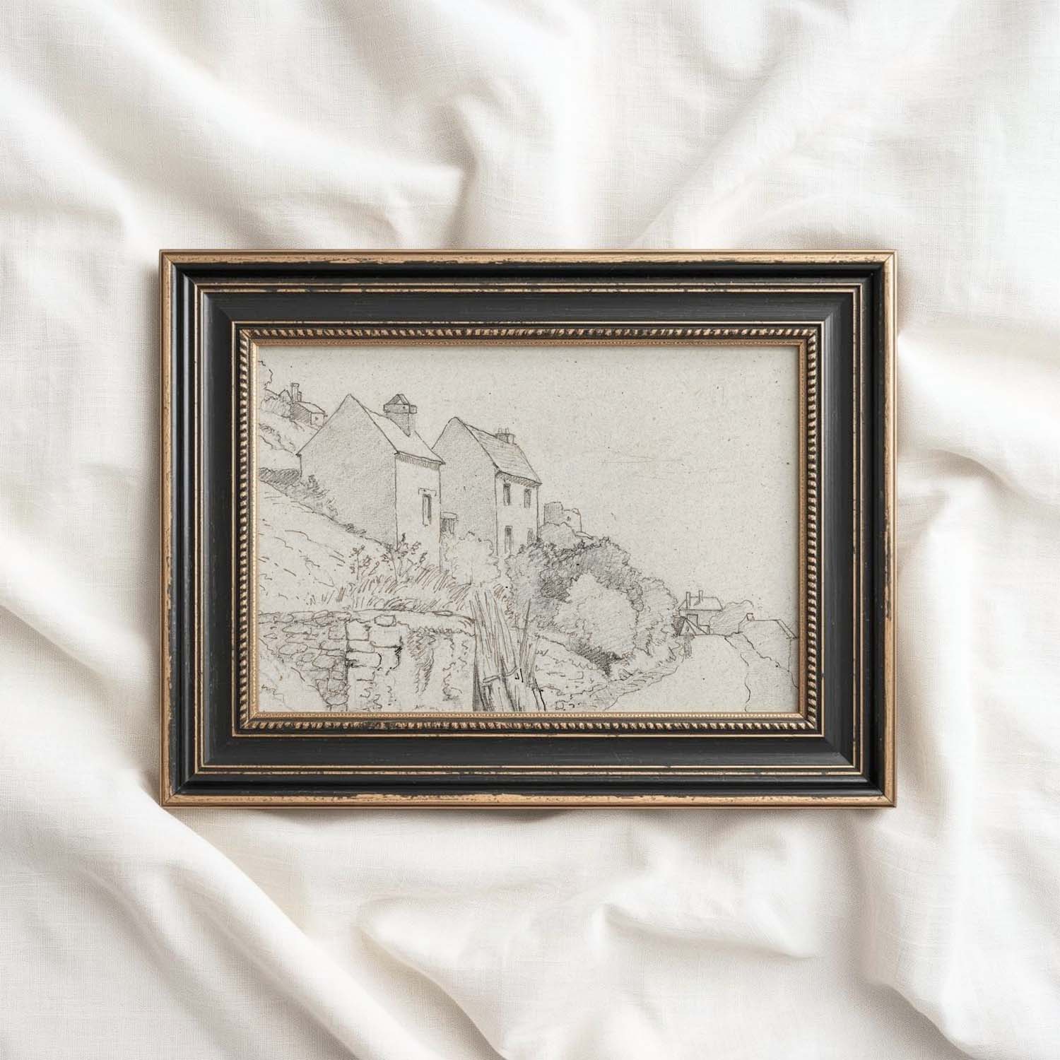 Vintage Rustic Cottage Pencil Sketch Wall Art Printable – Neutral Farmhouse Illustration Print