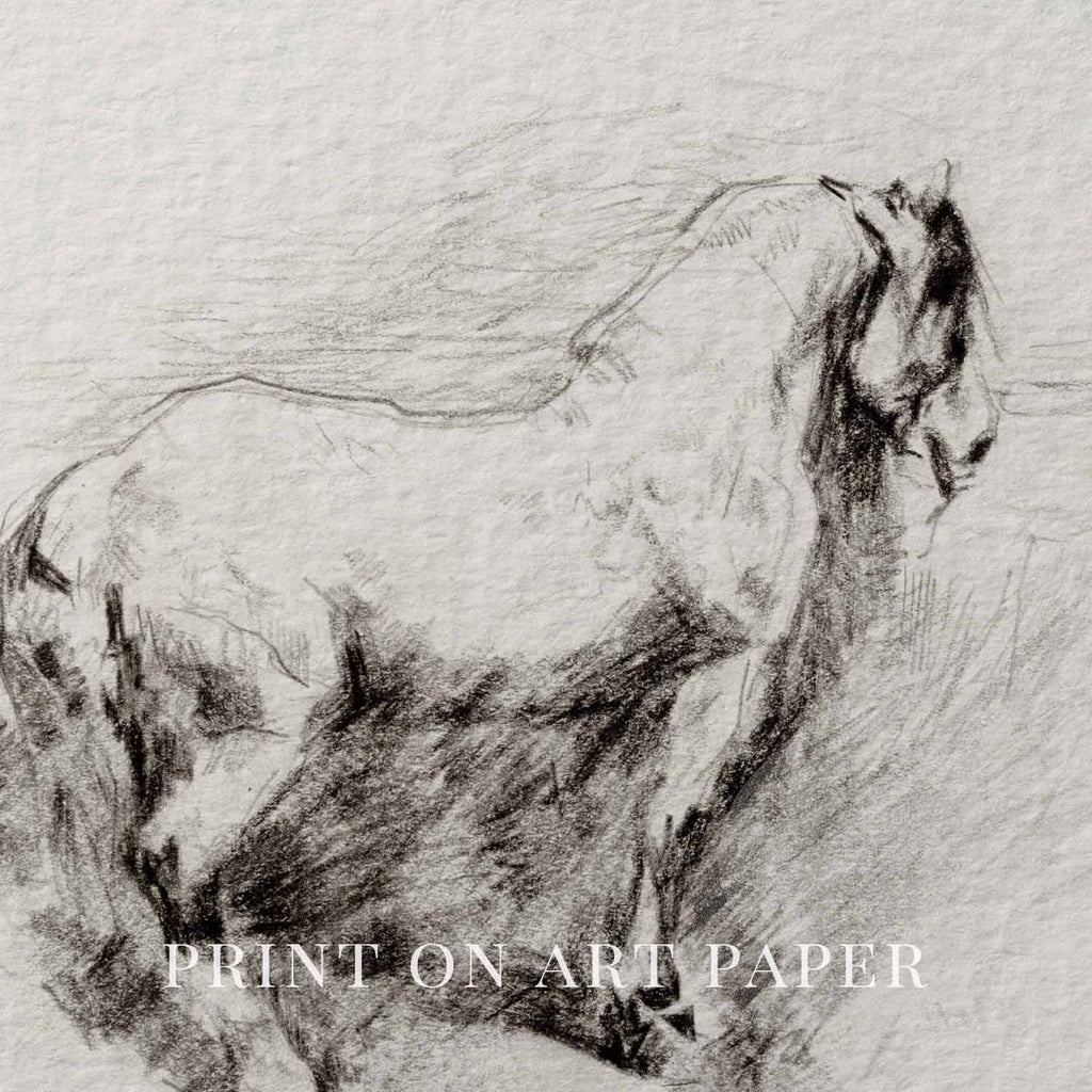 Horse on Hillside Wall Art Printable | Antique Equestrian Pencil Sketch