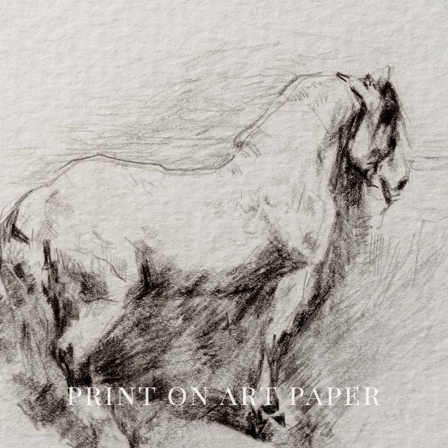 Horse on Hillside Wall Art Printable | Antique Equestrian Pencil Sketch