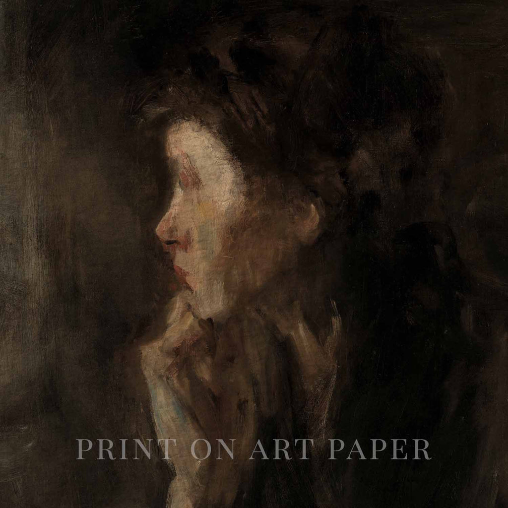 Dark Academia Daydreamer Portrait Wall Art Print – Moody Cinematic Woman Oil Painting (Digital Download)