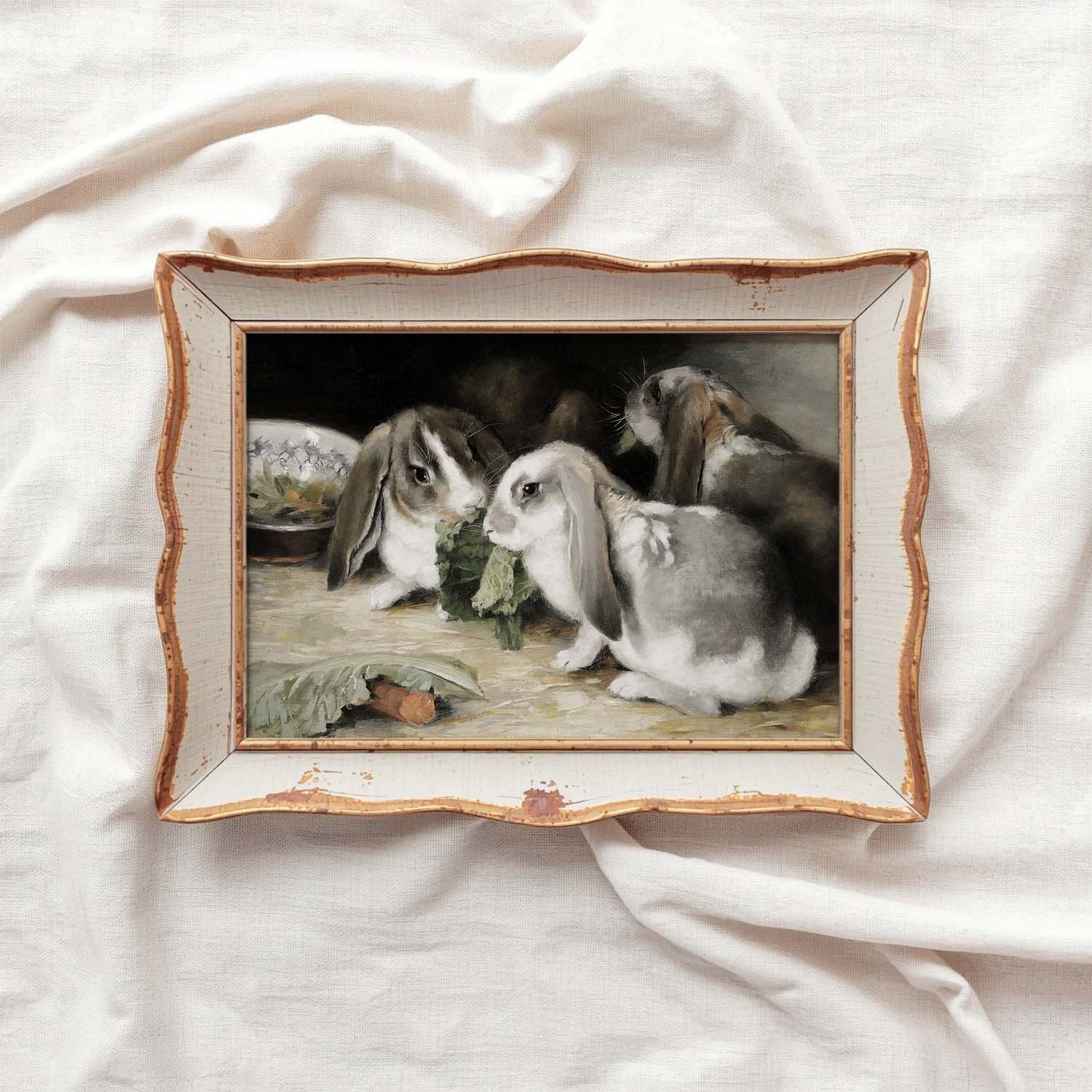 Farmhouse Kitchen Rabbit Wall Art Printable (Vintage Holland Lop Vegetable Still Life Decor)