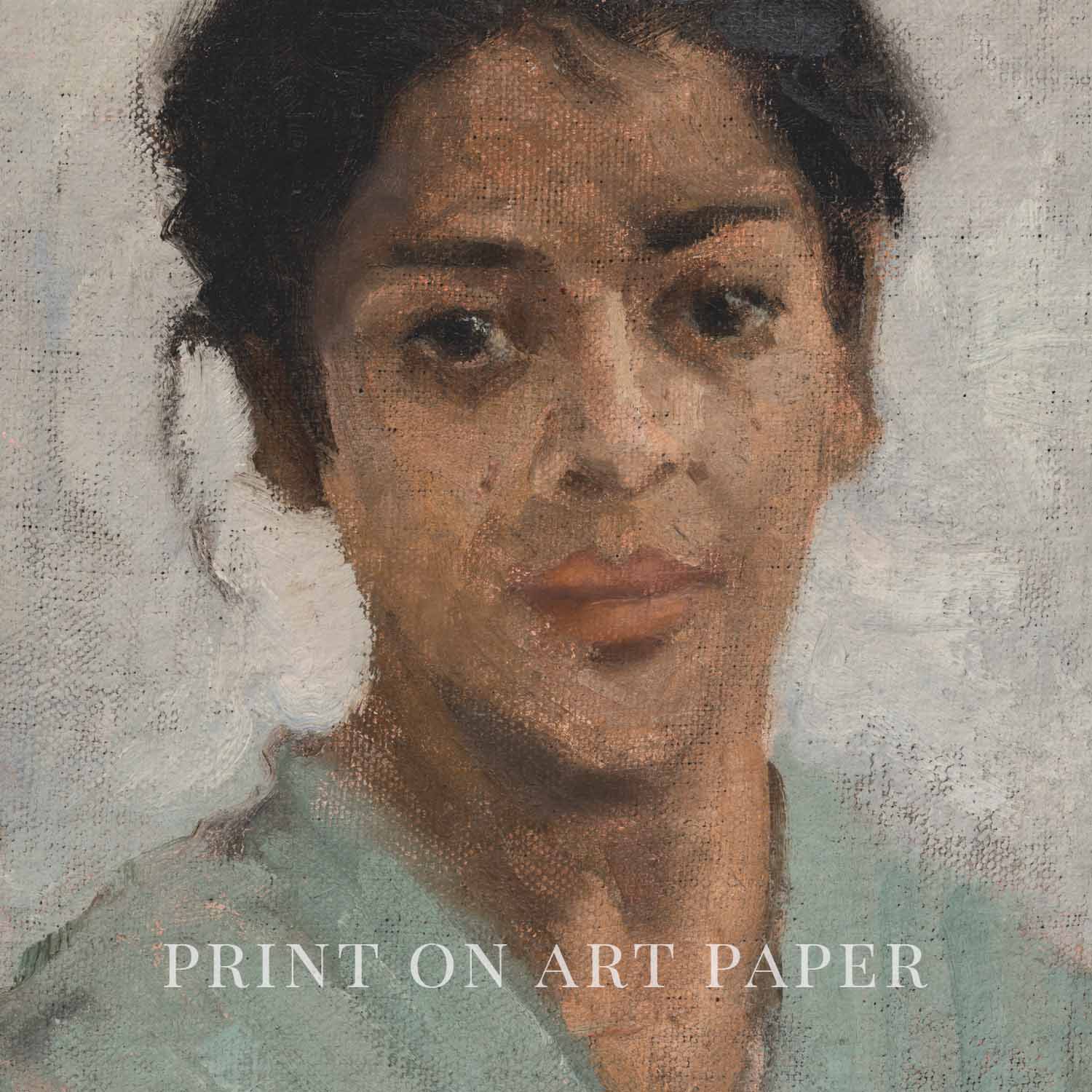 Neutral Boho Portrait Wall Art Print – Muted Grey Vintage Woman Oil Painting (Digital Download)