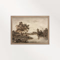 Sepia Country Landscape Tree Sketch Wall Art Printable – Vintage Rustic Nature Drawing Print