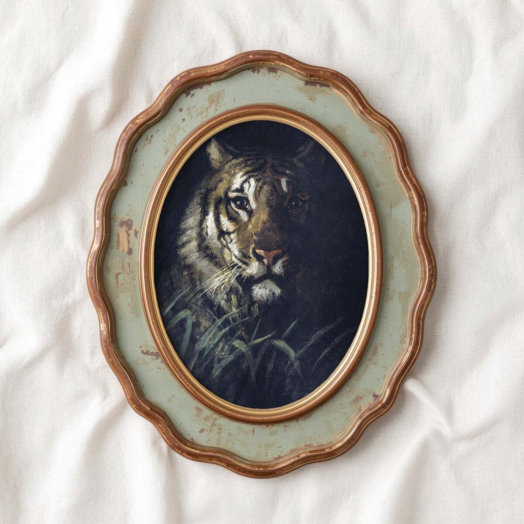Safari jungle tiger vintage oil painting wall art print featuring rich forest greens and dramatic wildlife scene.