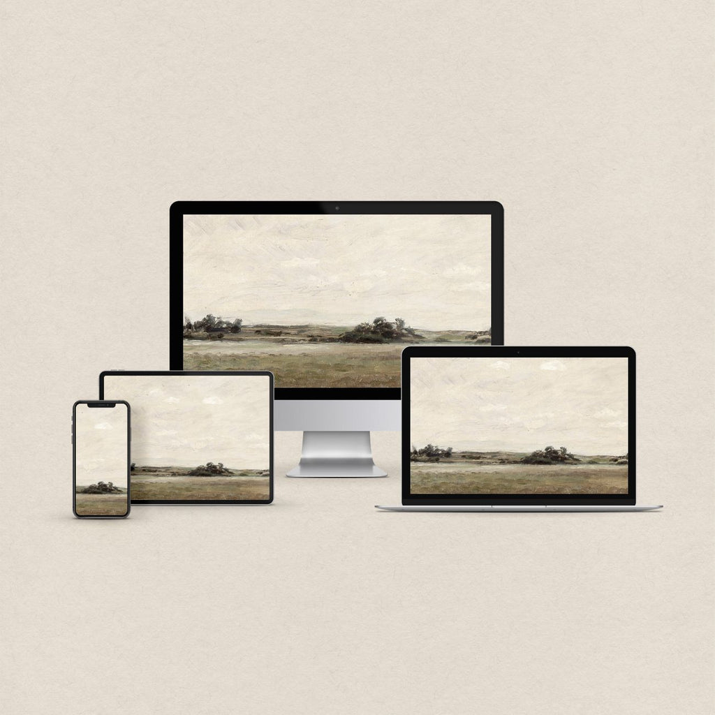 Sage green desktop wallpaper featuring a minimal earthy landscape with matching phone, iPad and MacBook wallpapers