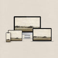 Sage green desktop wallpaper featuring a minimal earthy landscape with matching phone, iPad and MacBook wallpapers