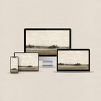 Sage green desktop wallpaper featuring a minimal earthy landscape with matching phone, iPad and MacBook wallpapers