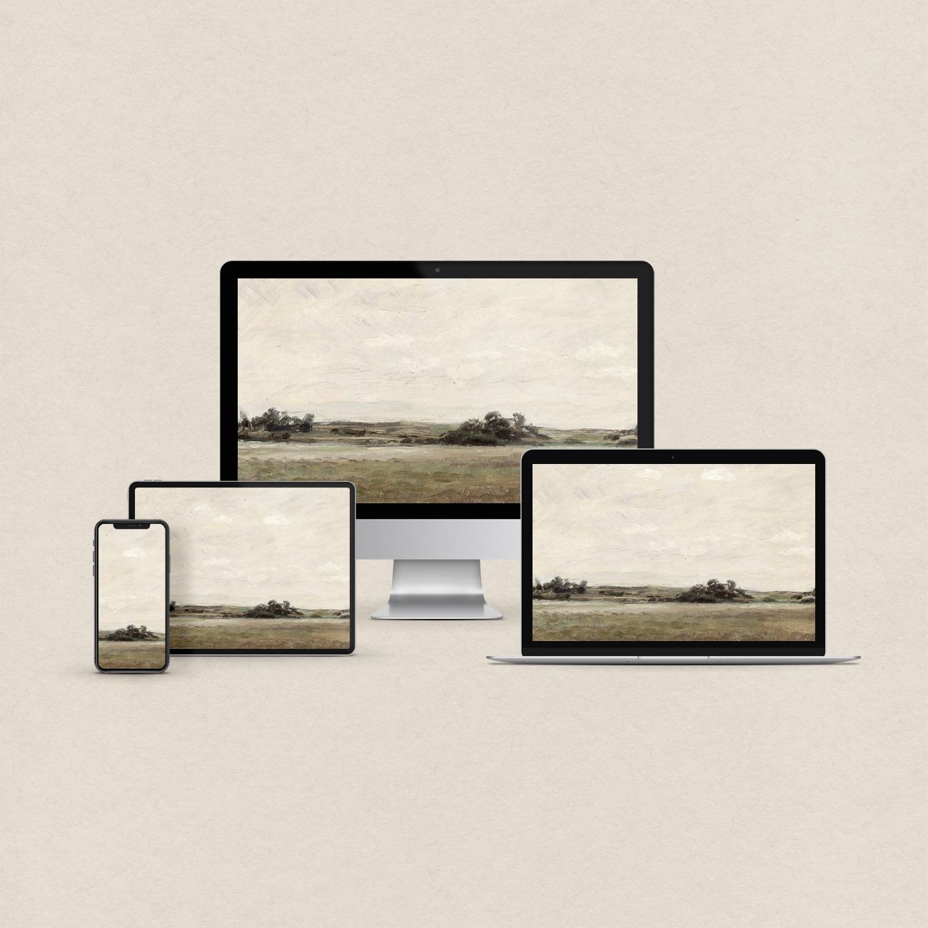 Sage green desktop wallpaper featuring a minimal earthy landscape with matching phone, iPad and MacBook wallpapers