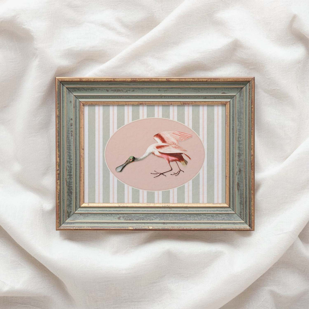 Spoonbill Nursery Wall Art Printable (Digital Download) — Sage Green Blush Striped Storybook Bird Decor