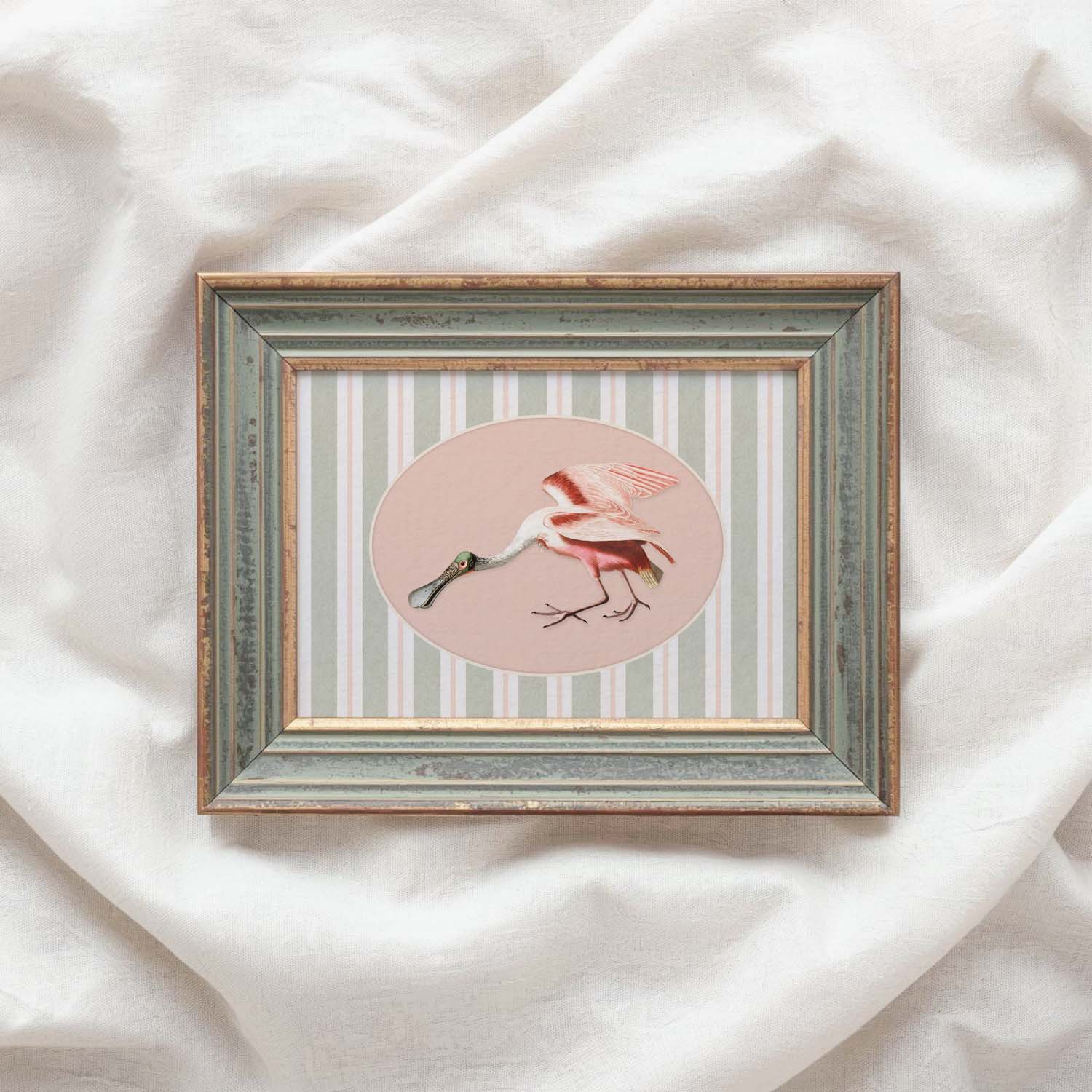 Spoonbill Nursery Wall Art Printable (Digital Download) — Sage Green Blush Striped Storybook Bird Decor