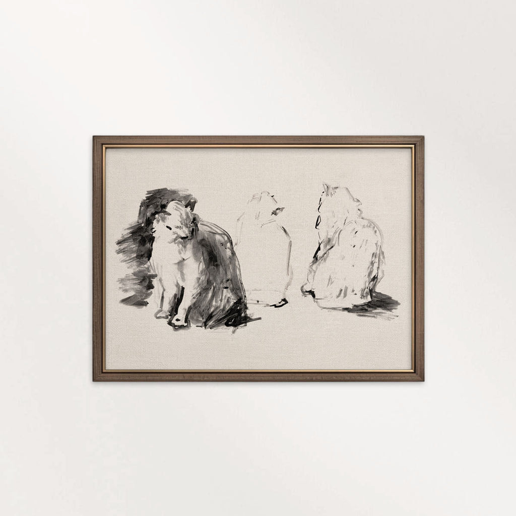 Three Cats Minimal Pencil Sketch Wall Art Printable – Neutral Animal Illustration Print