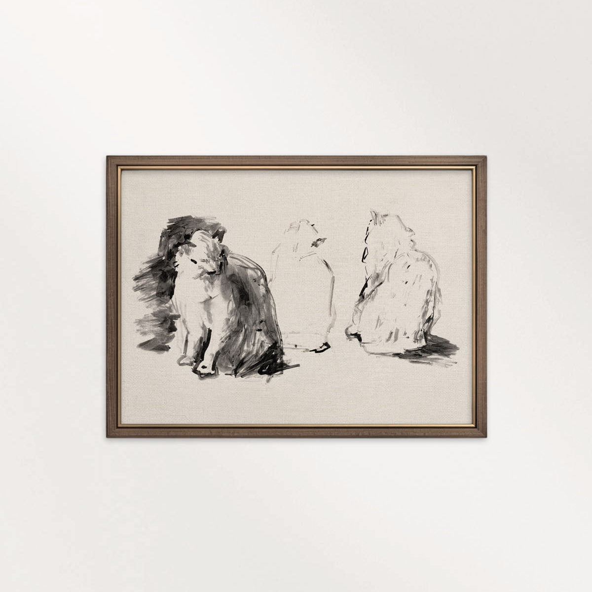 Three Cats Minimal Pencil Sketch Wall Art Printable – Neutral Animal Illustration Print