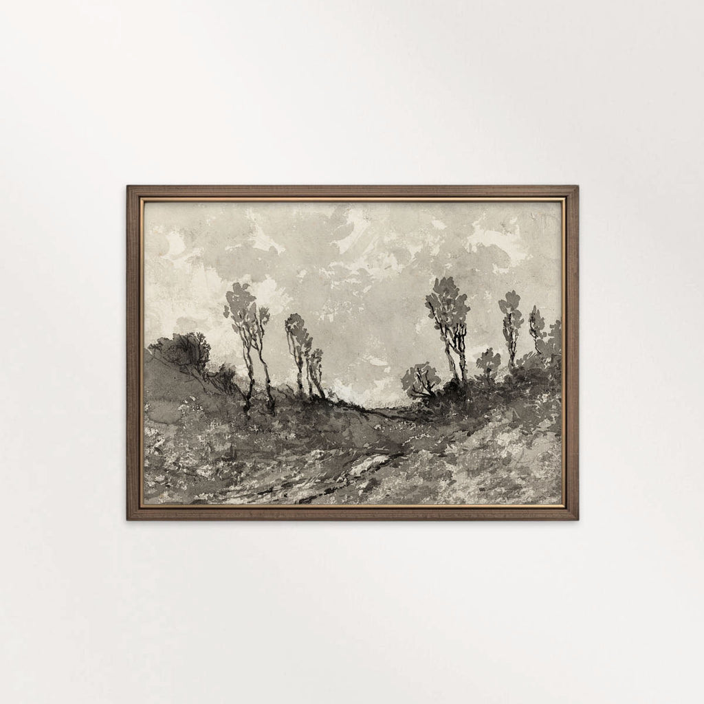 Moody Monochrome Landscape Wall Art Printable – Vintage Neutral Nature Sketch Print
