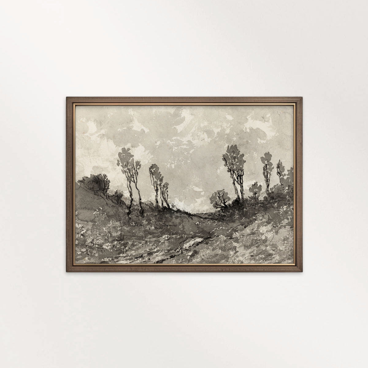 Moody Monochrome Landscape Wall Art Printable – Vintage Neutral Nature Sketch Print