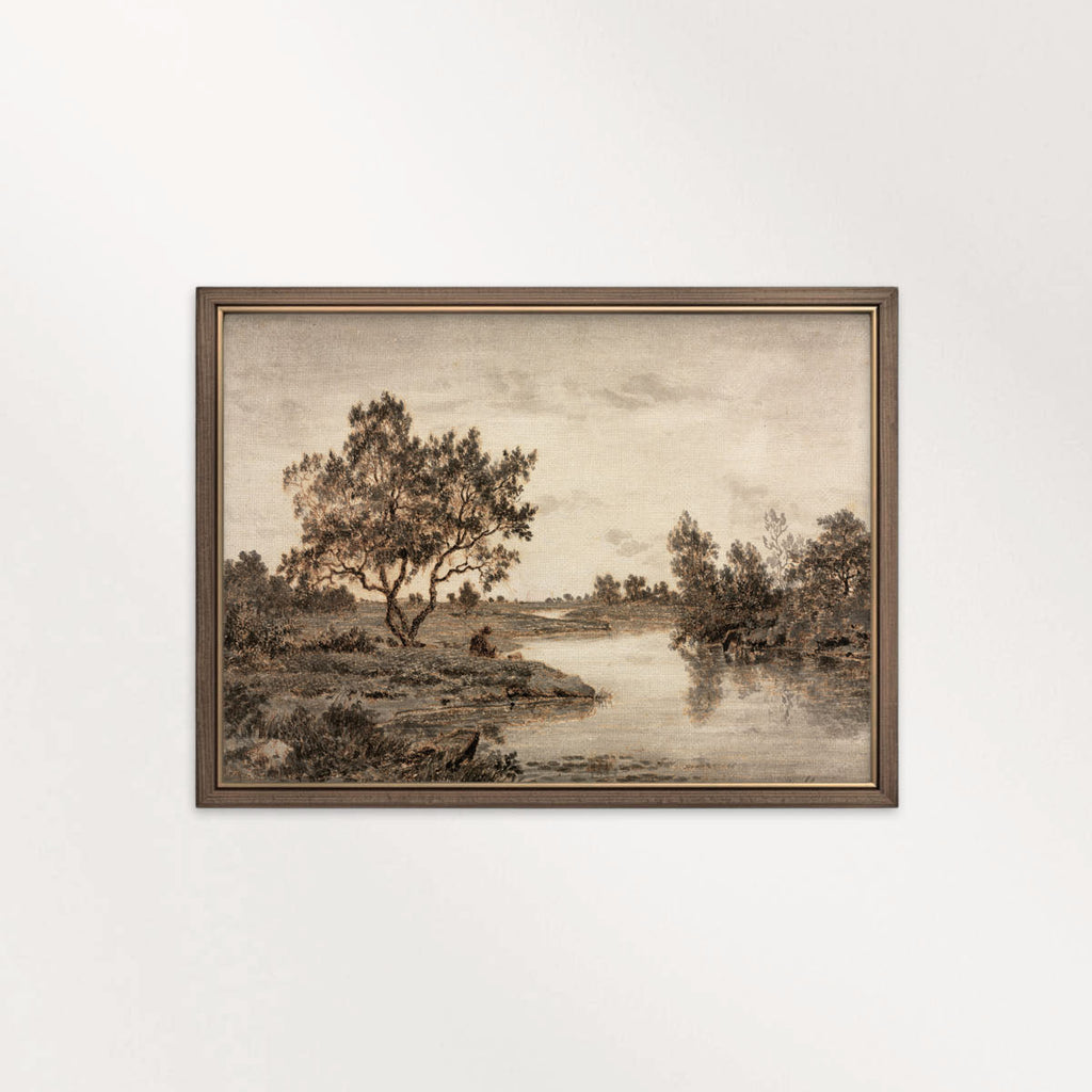 Sepia Country Landscape Tree Sketch Wall Art Printable – Vintage Rustic Nature Drawing Print
