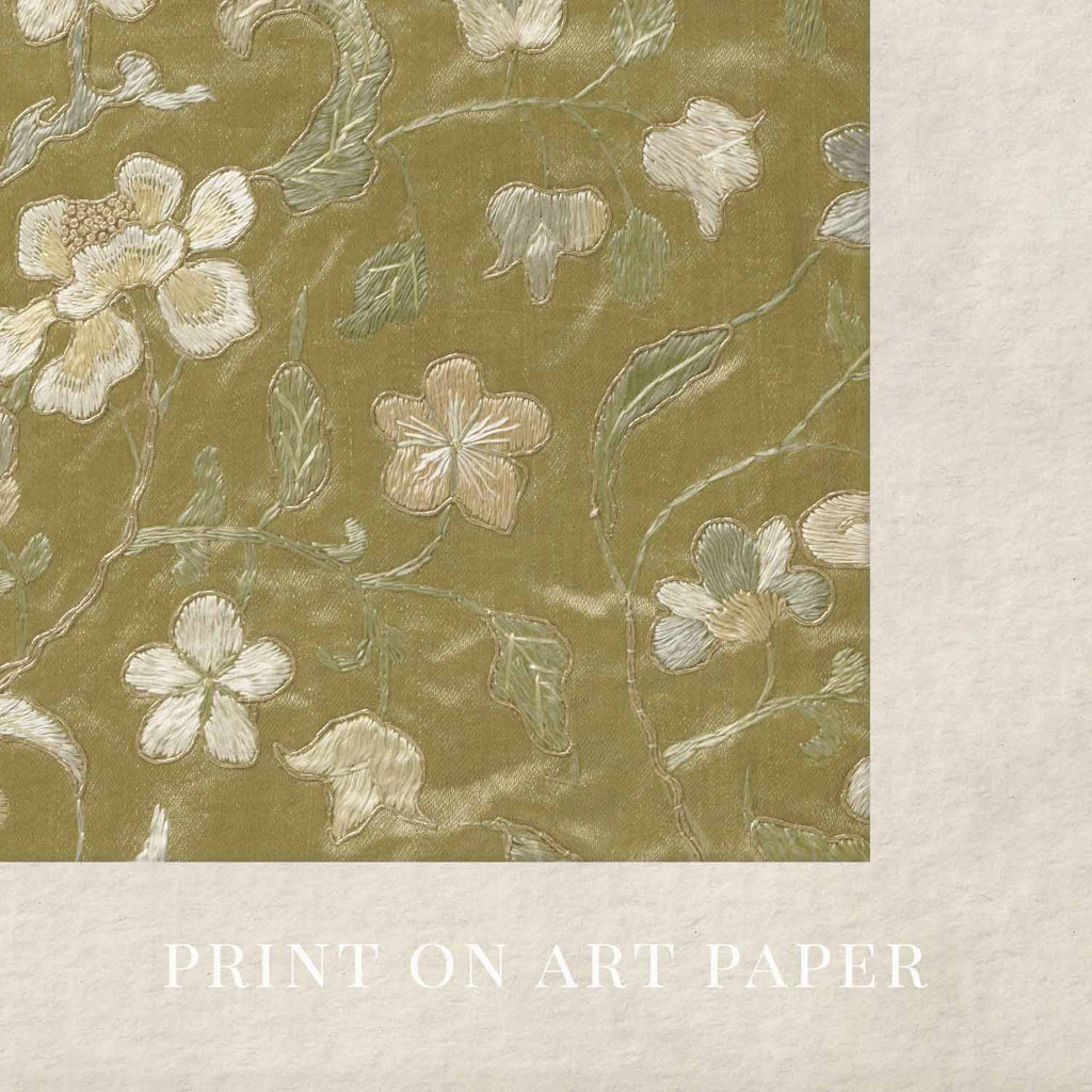 Vintage Yellow Floral Embroidered Wall Art Printable – Silk Textile Cottagecore Print (Digital Download)