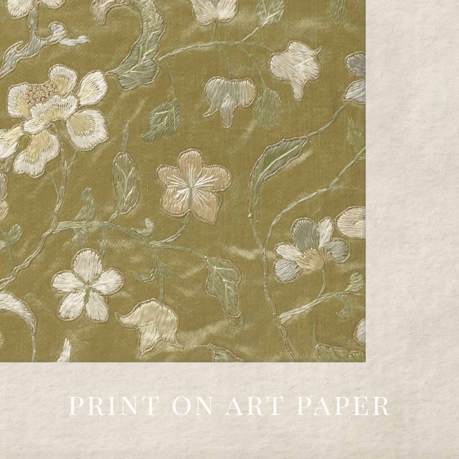 Vintage Yellow Floral Embroidered Wall Art Printable – Silk Textile Cottagecore Print (Digital Download)