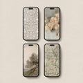 Soft aesthetic iPhone wallpaper bundle featuring four unique remastered vintage botanical artworks