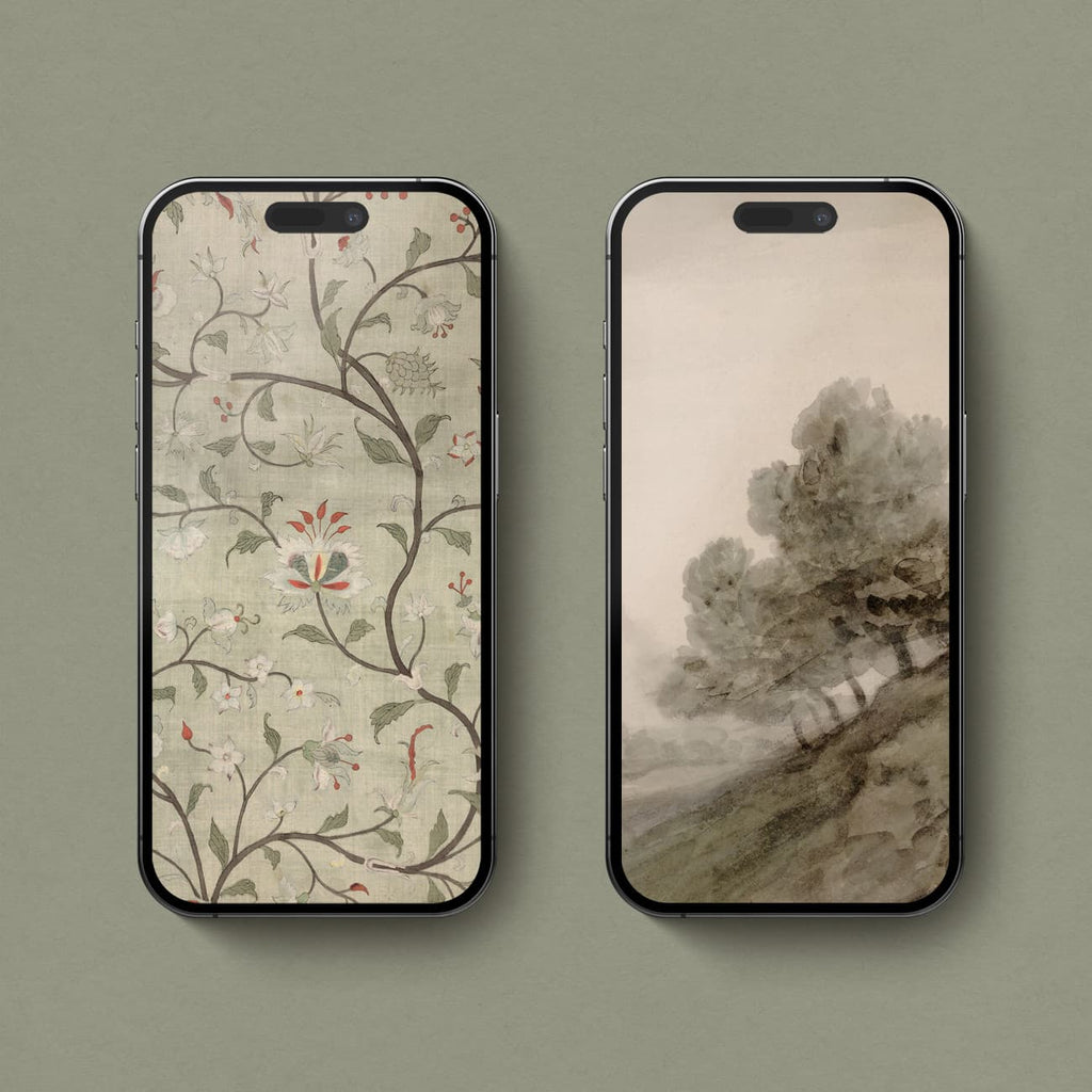 Soft sage botanical iPhone wallpaper featuring an elegant vintage floral pattern