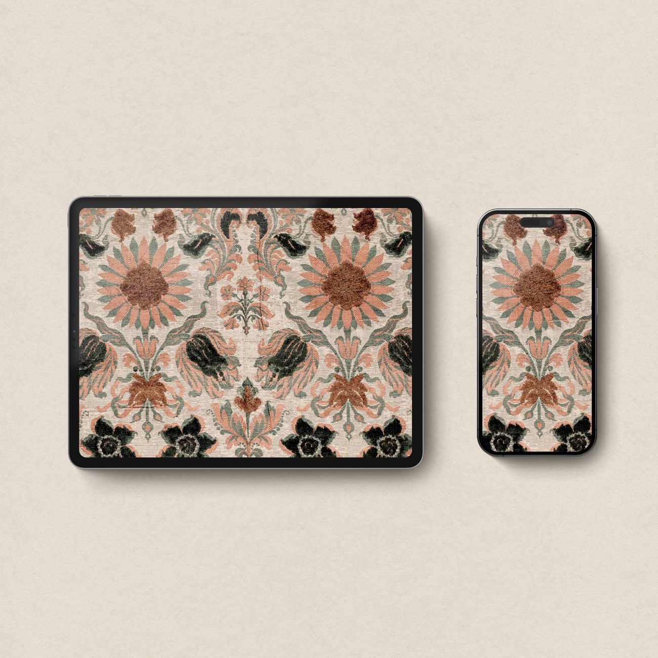 Mediterranean Floral Tapestry iPhone & iPad Wallpaper Set – Antique Spanish Textile Aesthetic (Digital Download)