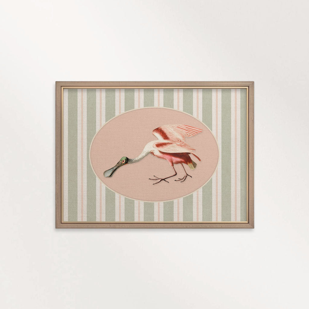 Spoonbill Nursery Wall Art Printable (Digital Download) — Sage Green Blush Striped Storybook Bird Decor