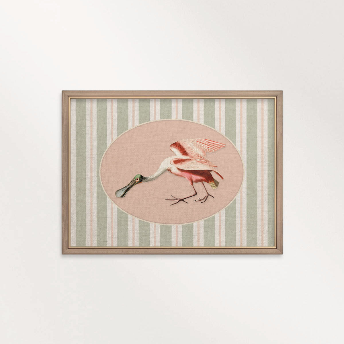 Spoonbill Nursery Wall Art Printable (Digital Download) — Sage Green Blush Striped Storybook Bird Decor