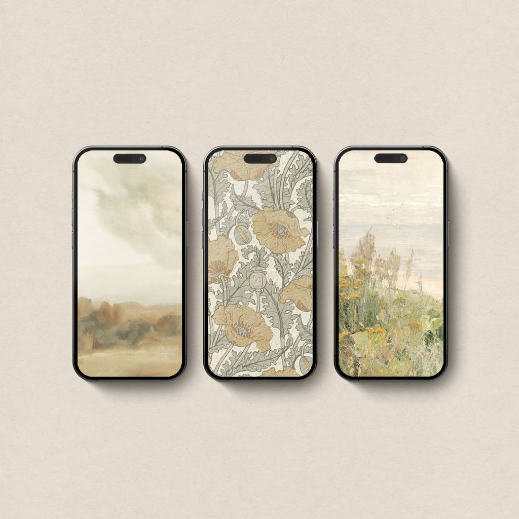 Set of 3 spring aesthetic iPhone wallpapers featuring a soft yellow landscape, vintage botanical pattern and wildflower meadow